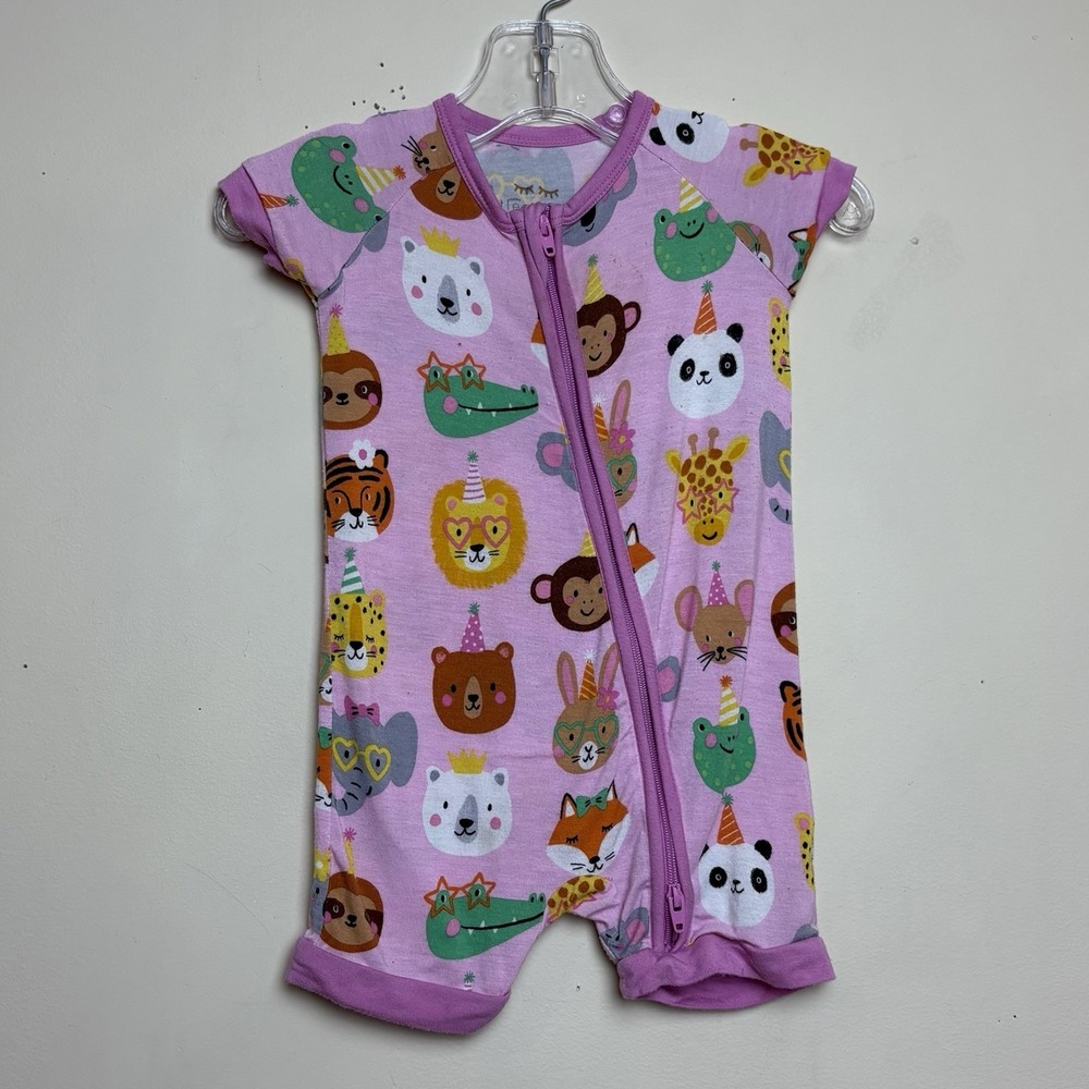 Little Sleepies Shortie pink animal and party hat one‎ piece pajama 3-6 M READ